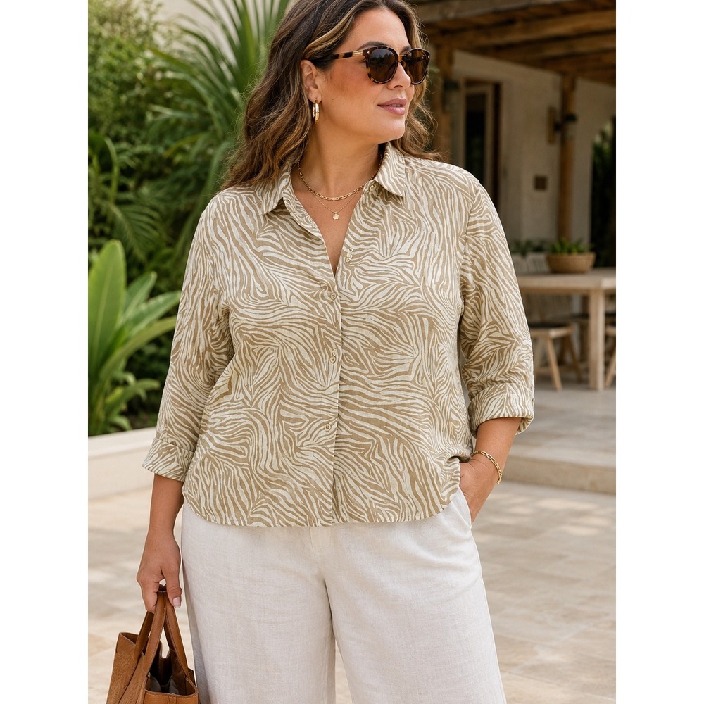 Michael Kors Linen Blend Zebra Print Button Front‎ Blouse XL Resort Safari